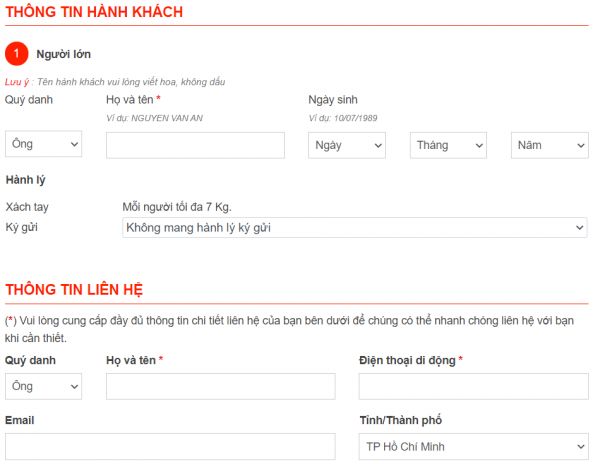Điền thông tin hành khách đảm bảo chính xác theo giấy tờ tùy thân