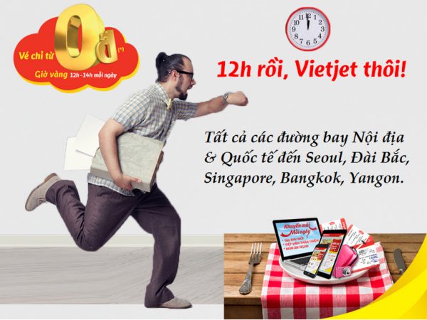 Vietjet khuyến mãi vé máy bay 0 đồng 12h trưa